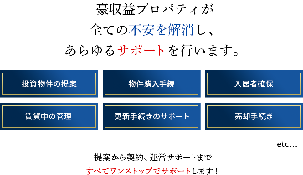 豪収益プロパティが、全てのファンを解消し、あらゆるサポートを行います。